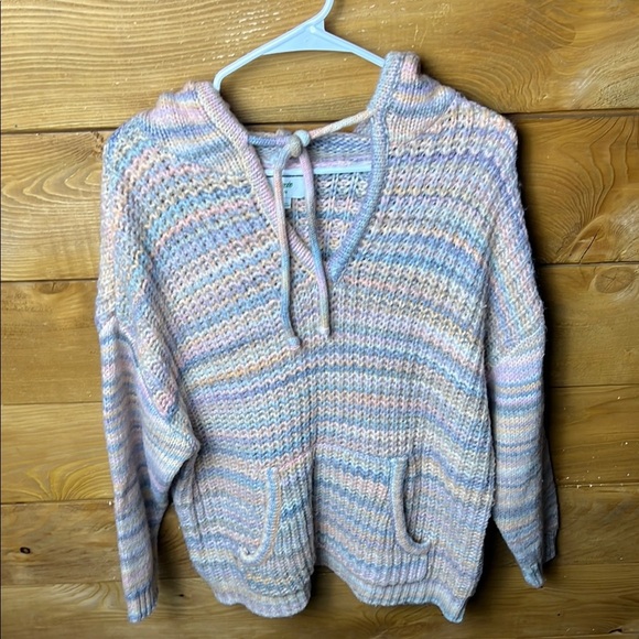 AERIE Women’s Hooded‎ Sweater Cable Knit Pockets Multi Color Stripe Oversized L - Picture 1 of 10